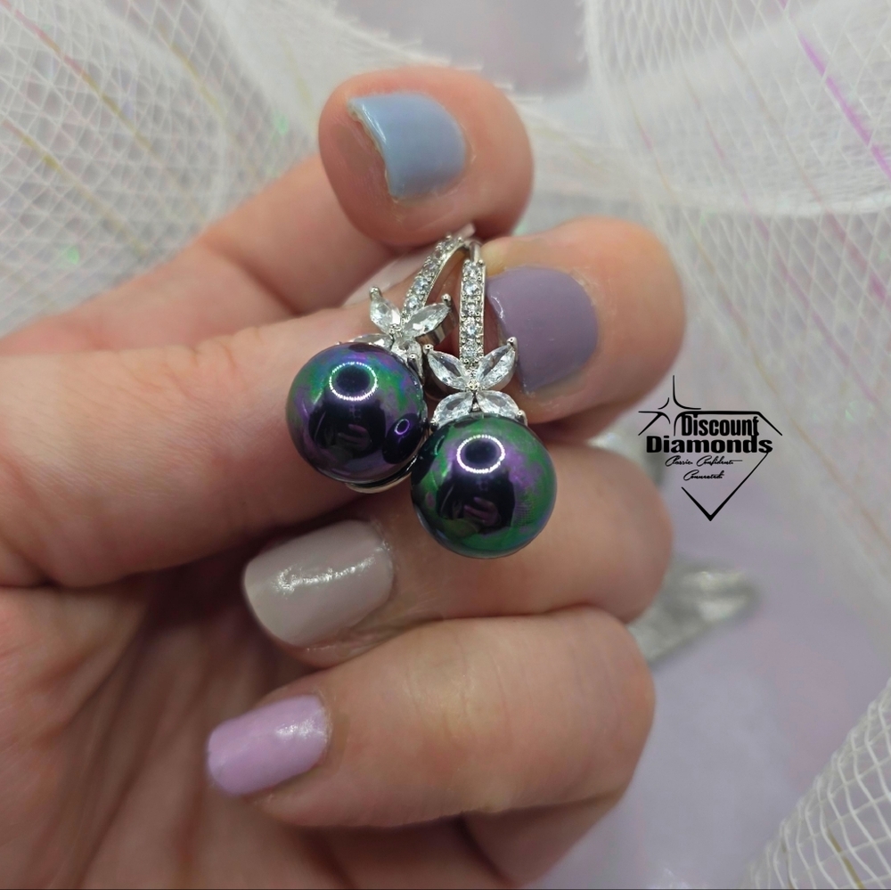 10mm Black Rainbow South Sea Shell Pearl & White Baguette Diamond Earrings 925 - Picture 12 of 12